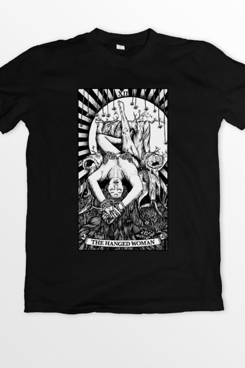 A black t-shirt with an illustration of a woman.