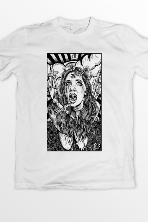 A white t-shirt with an image of a woman.