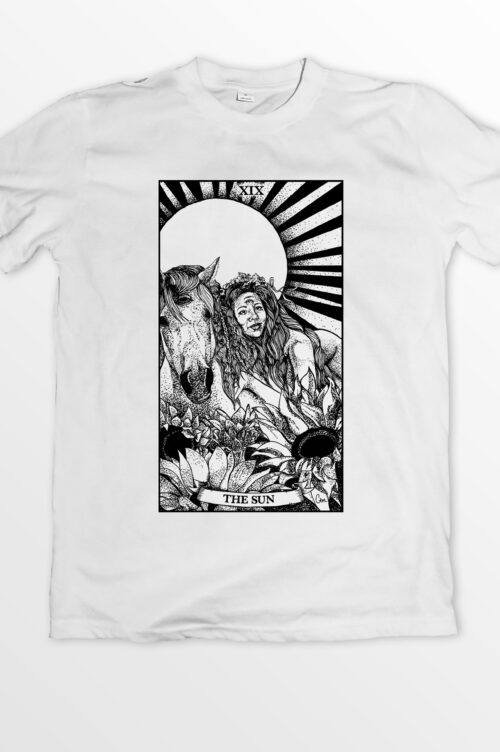 A white t-shirt with an illustration of a person