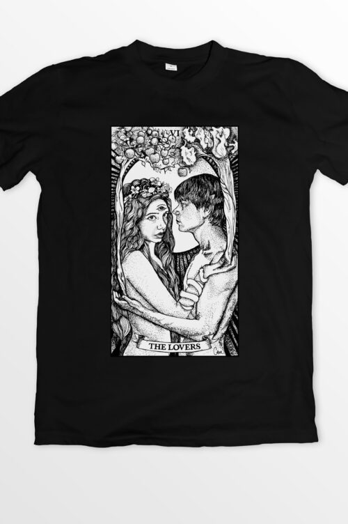 A black t-shirt with an image of two people embracing.