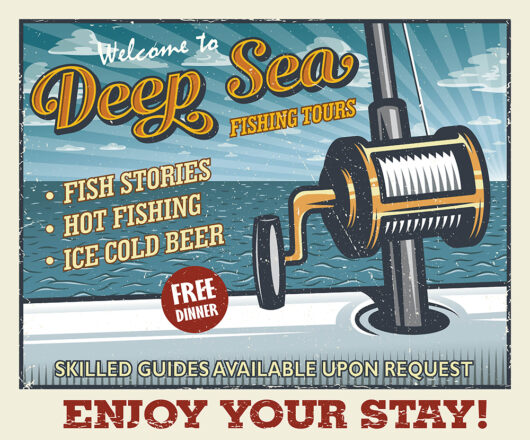 A poster advertising deep sea fishing tours. A poster advertising deep sea fishing tours.