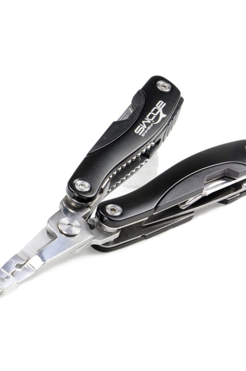 A black and silver multi tool with a white background